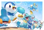 beak blue_background blue_eyes bubble closed_eyes closed_mouth fangs froakie hands_up jumping kemonomichi_(blue_black) leg_up midair mudkip one_eye_closed open_mouth oshawott piplup pokemon pokemon_(creature) popplio quaxly red_eyes shadow signature sobble squirtle standing totodile 