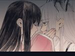  2girls black_eyes black_hair bow closed_eyes closed_mouth commentary_request covering_mouth face-to-face fingernails from_side fujiwara_no_mokou hair_bow hand_over_another&#039;s_mouth hands_on_another&#039;s_face highres houraisan_kaguya long_hair long_sleeves looking_at_another maki_keigo multiple_girls pink_shirt shirt sleeves_past_wrists suspenders touhou upper_body white_hair wide_sleeves 