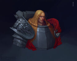  1boy absurdres armor artist_name artstation_logo artstation_username blonde_hair breastplate closed_mouth commentary dark_angels english_commentary green_eyes grey_armor highres instagram_logo instagram_username lion_el&#039;jonson long_hair looking_at_viewer ornate_armor patreon_logo patreon_username pauldrons potoq power_armor primarch red_surcoat roman_numeral shoulder_armor simple_background solo warhammer_40k 