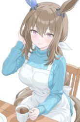  1girl admire_vega_(umamusume) animal_ears apron blue_sweater blush bow breasts brown_hair chair closed_mouth coffee commentary cup ear_covers hair_between_eyes hair_bow highres holding holding_cup horse_ears horse_girl horse_tail kurama_(jpjvn42ej6tug5n) long_hair long_sleeves looking_at_viewer low_ponytail medium_breasts ponytail simple_background single_ear_cover sitting smile solo sweater table tail umamusume violet_eyes white_apron white_bow 