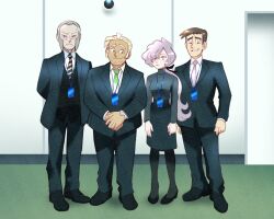  1girl 3boys anabel_(pokemon) arms_behind_back blonde_hair facial_hair full_body goatee green_necktie grey_hair ingo_(pokemon) long_hair looker_(pokemon) looking_at_viewer mohn_(pokemon) multiple_boys necktie pokemon pokemon_legends:_arceus pokemon_oras pokemon_sm purple_hair purple_necktie severance_(series) vergolophus z-ring 