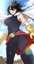  1girl absurdres black_bodysuit black_eyes black_hair blush bodysuit boku_no_hero_academia breasts cape covered_navel gloves highres knowname large_breasts mole mole_under_mouth muscular muscular_female shimura_nana skin_tight sky sleeveless sleeveless_bodysuit solo superhero_costume twitter_username white_cape yellow_gloves 