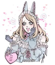  1boy alternate_costume androgynous animal_ears bare_shoulders blonde_hair blue_eyes blush bow detached_sleeves dirty_deeds_done_dirt_cheap eyelashes fake_animal_ears frilled_headwear frilled_sleeves frills funny_valentine gloves hair_rings heart heart-shaped_bag highres jojo_no_kimyou_na_bouken llllll2b long_hair maid_headdress male_focus pale_skin pink_bow rabbit_ears solo spoken_heart steel_ball_run upper_body white_background white_headdress 