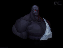  1boy absurdres artist_name artstation_logo artstation_username bald black_background black_skin colored_skin commentary dark_skin english_commentary glowing glowing_eyes highres instagram_logo instagram_username large_pectorals muscular muscular_male patreon_logo patreon_username pectorals potoq primarch red_eyes robe roman_numeral salamanders_(warhammer) simple_background smile solo vulkan warhammer_40k white_robe 