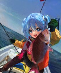  1girl absurdres animal arahashi_tabi black_pants black_skirt blue_hair blue_sky blush boat coat commentary day double-parted_bangs dutch_angle english_commentary fish fishing fishing_rod gloves green_gloves hair_between_eyes happy_tears highres holding holding_animal holding_fish holding_fishing_rod horizon legs_apart long_bangs long_sleeves looking_at_viewer medium_hair multicolored_hair ocean on_boat open_mouth outdoors pants pants_under_skirt pleated_skirt raised_inner_eyebrows skirt sky smile solo standing stellive streaked_hair tearing_up tears two_side_up virtual_youtuber watercraft yamada_dickson yellow_coat 