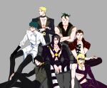  6+boys absurdres black_hair black_sclera blonde_hair blue_hair clothing_cutout colored_sclera crossed_arms domino_mask formaggio ghiaccio hat hat_bobbles highres illuso jojo_no_kimyou_na_bouken male_focus mask melone multiple_boys pesci prosciutto red_eyes redhead risotto_nero sitting ummi_ii vento_aureo 
