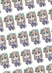  1girl @_@ absurdres animal_ears blue_eyes bow brown_hair chibi commentary_request ears_down highres horse_ears horse_girl horse_tail kawamochi_(kawauti919) long_hair long_sleeves open_mouth pantyhose pleated_skirt puffy_long_sleeves puffy_sleeves purple_pantyhose purple_shirt purple_skirt recurring_image school_uniform shirt silence_suzuka_(umamusume) simple_background skirt standing tail tracen_school_uniform umamusume very_long_hair wavy_mouth white_background white_bow 