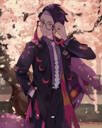  1boy absurdres arbok black-framed_eyewear black_hair black_jacket black_pants cherry_blossoms collared_shirt corbeau_(pokemon) eyewear_strap fangs forked_tongue glasses hand_in_pocket highres hsin jacket long_sleeves male_focus necktie open_clothes open_jacket open_mouth pants parted_lips pokemon pokemon_(creature) pokemon_legends:_z-a purple_hair purple_shirt sharp_teeth shirt short_hair snake teeth tongue tongue_out tree undercut white_necktie yellow_eyes 