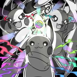 fang highres mega_evolution_symbol mega_pokemon mega_raichu_x mega_raichu_y monochrome mouse_(animal) multiple_tails no_humans ocha_under open_mouth pikachu pokemon pokemon_(creature) pokemon_focus pokemon_legends:_z-a raichu smile tail v-shaped_eyes very_long_ears very_long_tail