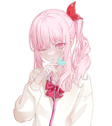  1other akiyama_mizuki arm_at_side blush bow bowtie candy cardigan collarbone collared_shirt commentary diagonal-striped_bow diagonal-striped_bowtie diagonal-striped_clothes drill_hair drill_sidelocks eyes_visible_through_hair fingernails flat_chest food hair_between_eyes hand_up heart heart-shaped_food heart-shaped_lollipop high_side_ponytail highres holding holding_candy holding_food holding_lollipop jung2u2023 kamiyama_high_school_uniform_(project_sekai) lollipop long_hair long_sleeves looking_at_viewer one_eye_closed other_focus pale_skin pink_eyes pink_hair project_sekai puffy_long_sleeves puffy_sleeves red_bow red_bowtie school_uniform shaped_lollipop shirt side_drill side_ponytail sidelocks simple_background solo striped_bow striped_bowtie striped_clothes upper_body white_background white_shirt yellow_cardigan 