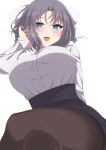  1girl black_skirt blue_eyes blush bow breasts chimunge collared_shirt crossed_legs grey_hair hair_bow high-waist_skirt highres huge_breasts long_sleeves office_lady open_mouth pantyhose pencil_skirt senran_kagura senran_kagura_estival_versus senran_kagura_shinovi_versus shirt skirt smile underbust white_bow white_shirt yumi_(senran_kagura) 