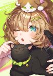  1girl animal animal_on_head arrow_(symbol) black_cat blue_eyes blush brown_hair cat commentary_request green_background hair_between_eyes highres looking_at_viewer on_head one_eye_closed open_mouth original piroshiki123 polka_dot romaji_text signature solo 