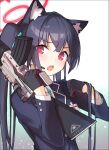  1girl animal_ear_fluff animal_ears aqua_necktie beretta_ar70 black_hair blazer blue_archive cat_ears collared_shirt commentary_request earpiece fang gun hair_ribbon halo highres holding holding_gun holding_weapon id_card jacket long_hair long_sleeves looking_at_viewer looking_to_the_side miya_kazutomo necktie open_mouth red_eyes ribbon school_uniform serika_(blue_archive) shirt solo teeth twintails two-tone_gloves upper_body upper_teeth_only weapon 