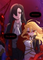  absurdres ahoge ascot black_coat black_hair black_pants blonde_hair blood cane coat collared_shirt don_quixote_(project_moon) feather_boa feathers grey_vest hair_over_one_eye highres jacket la_manchaland_(identity)_(project_moon) limbus_company long_hair meursault_(project_moon) pants pmchell_04 project_moon red_eyes red_feathers red_sash sancho_(project_moon) sash shirt vampire vest white_ascot white_jacket white_pants white_shirt 