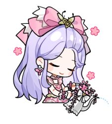  1girl artist_request bare_shoulders blush_stickers bow bowtie chibi choker closed_eyes closed_mouth courtyard_flowers_(infinity_nikki) cropped_legs dress earrings flower flower_earrings frilled_choker frilled_dress frilled_wrist_cuffs frills gem hair_bow hair_ornament happy head_tilt heart heart_hair_ornament holding holding_watering_can infinity_nikki jewelry large_bow long_hair nikki_(series) non-web_source official_art parted_bangs pink_bow pink_bowtie pink_choker pink_dress pink_flower pink_gemstone purple_hair sleeveless sleeveless_dress smile solo transparent_background very_long_hair watering watering_can white_bow white_wrist_cuffs wrist_cuffs wrist_flower 
