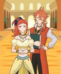 1boy 1girl arabian_clothes book brother_and_sister fire_emblem fire_emblem_engage hahm0106 hair_ornament hair_ribbon hand_on_own_hip highres holding holding_book jewelry looking_at_viewer makeup medium_hair official_alternate_costume orange_hair pandreo_(fire_emblem) panette_(fire_emblem) ponytail ribbon siblings smile yellow_eyes 