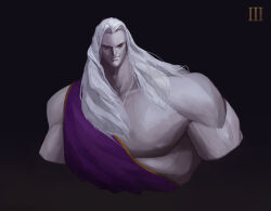  1boy absurdres artist_name artstation_logo artstation_username black_eyes closed_mouth commentary emperor&#039;s_children english_commentary fulgrim gold_trim highres instagram_logo instagram_username light_smile long_hair muscular muscular_male nipples pale_skin patreon_logo patreon_username pectorals potoq primarch purple_robe robe roman_numeral simple_background smile solo twitter_logo twitter_username warhammer_40k white_hair 