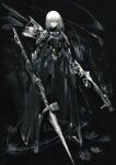  1girl absurdres armor black_background breastplate cape cross dual_wielding expressionless fantasy gauntlets gun halberd highres holding holding_weapon knight metal_boots original pauldrons polearm shoulder_armor solo standing tuda6 weapon white_hair 