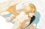  1other absurdres androgynous angel angel_wings blonde_hair cup feathered_wings from_above gang_g hair_between_eyes halo highres holding holding_cup long_sleeves looking_at_viewer looking_up medium_hair open_mouth original parted_lips shadow solo tile_floor tiles wings yellow_eyes yellow_halo 