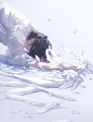  1boy black_hair feathered_wings glowing glowing_halo halo highres male_focus original rido_(ridograph) shirt short_hair solo watermark white_halo white_shirt white_wings wings 