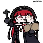  1girl animated animated_gif arm_up artist_name book candy cross erika_(girls&#039;_frontline_nc) food food_in_mouth girls&#039;_frontline_neural_cloud glasses habit headset heterochromia holding holding_book holding_cross latin_cross lollipop long_hair looping_animation lowres microphone mouth_hold nun red_eyes redhead seseren solo transparent_background yellow_eyes 