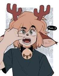  1boy animal_ears antlers arm_up bell black_collar black_shirt blonde_hair collar crazysnuft deer_antlers deer_boy deer_ears english_text fangs freckles furry furry_male grey_eyes highres horns looking_at_viewer male_focus mouth_pull neck_bell original shirt short_hair short_sleeves sidelocks speech_bubble t-shirt teeth tongue upper_body 