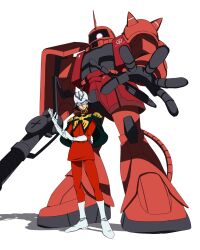  1boy adjusting_clothes adjusting_gloves black_capelet blonde_hair boots capelet char_aznable closed_mouth epaulettes facing_viewer full_body gloves gun gundam helmet highres holding holding_gun holding_weapon horns jacket long_sleeves male_focus mask mecha military_jacket military_uniform mobile_suit mobile_suit_gundam one-eyed outstretched_arm pants popo92_z red_eyes red_jacket red_pants robot science_fiction shadow shoulder_spikes simple_background single_horn smile spikes standing weapon white_background white_boots white_gloves zaku_ii_s_char_custom zeon 