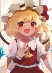  1girl :d \||/ ascot blonde_hair blush collared_shirt commentary crystal fang fingernails flandre_scarlet frilled_shirt_collar frills hand_up hat hat_ribbon highres long_hair looking_at_viewer machimo mob_cap open_mouth puffy_short_sleeves puffy_sleeves red_eyes red_ribbon red_skirt red_vest ribbon shirt short_sleeves side_ponytail skirt smile solo touhou upper_body vest white_headwear white_shirt wings wrist_cuffs yellow_ascot 