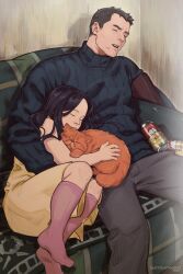  1boy 1girl absurdres animal beer_can blue_sweater can cat cat_(no_i&#039;m_not_a_human) couch cuddling curled_up dress drink_can highres holding holding_animal little_girl_(no_i&#039;m_not_a_human) long_hair no_i&#039;m_not_a_human on_couch open_mouth orange_cat protagonist_(no_i&#039;m_not_a_human) sleeping sweater teppn_(gattobamboom) vertical-striped_sweater yellow_dress 