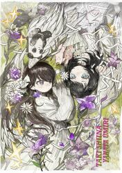  2girls absurdres aged_down angel_wings artist_name bang_dream! bang_dream!_it's_mygo!!!!! black_hair blue_eyes bow braid character_name child closed_mouth commentary dress expressionless feathered_wings flower flower_request hair_bow highres llllwewewe long_hair long_sleeves looking_at_another looking_to_the_side medium_hair multiple_girls on_grass purple_flower rotational_symmetry shiina_taki short_bangs side_braid side_part sparkle stuffed_animal stuffed_panda stuffed_rabbit stuffed_toy violet_eyes white_bow white_dress white_flower white_wings wings yahata_umiri 