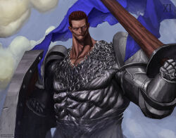  1boy absurdres armor artist_name artstation_logo artstation_username blue_cape blue_eyes breastplate brown_hair cape chainmail clouds cloudy_sky commentary english_commentary highres holding holding_polearm holding_shield holding_weapon instagram_logo instagram_username jousting lance lost_primarch muscular muscular_male ornate_armor patreon_logo patreon_username pauldrons polearm potoq power_armor primarch roman_numeral shield short_hair shoulder_armor silver_armor simple_background sky solo twitter_logo twitter_username warhammer_40k weapon 