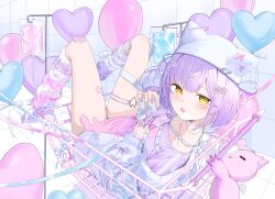  1girl absurdres aki_uzuki3 balloon beanie blood blood_bag cardigan chest_harness choker collarbone gradient_clothes gradient_shirt hair_ornament hairpin harness hat heart heart_balloon heart_hair_ornament heart_o-ring highres in_shopping_cart leg_warmers looking_at_viewer multicolored_hair o-ring o-ring_thigh_strap off_shoulder open_mouth parted_bangs pink_shirt purple_hair purple_shoes ribbon shinomiya_runa shinomiya_runa_(4th_costume) shirt shoes shopping_cart solo streaked_hair thigh_strap too_many_hair_ornaments virtual_youtuber vspo! white_cardigan white_choker white_hat x_hair_ornament yellow_eyes 