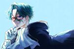  1boy akuma_shitsuji_to_kuroi_neko ascot black_cape blue_eyes blush cape facing_to_the_side finger_to_own_chin glasses gloves green_background green_hair heterochromia highres kochi_b178 long_sleeves male_focus mole mole_under_eye nac_stein red_eyes shirt short_hair solo wavy_hair white_gloves white_shirt 