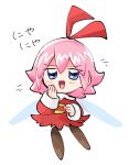  blue_eyes blush chibi dress fairy fairy_wings full_body hair_ribbon kirby_(series) looking_at_viewer pink_hair rasu_(pixiv9799832) red_dress red_ribbon ribbon ribbon_(kirby) short_hair simple_background translation_request white_background wings 