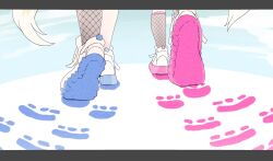  2girls asymmetrical_legwear dog_girl dog_tail feet fishnet_socks fishnets foot_focus footprints fuwawa_abyssgard fuwawa_abyssgard_(1st_costume) highres hololive hololive_english mococo_abyssgard mococo_abyssgard_(1st_costume) multiple_girls rabiina_(honey7quartz) shoes simple_background socks tail virtual_youtuber white_shoes 