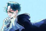  1boy akuma_shitsuji_to_kuroi_neko ascot black_cape blush cape closed_eyes facing_to_the_side finger_to_own_chin glasses gloves green_background green_hair highres kochi_b178 long_sleeves male_focus mole mole_under_eye nac_stein open_mouth shirt short_hair smile solo wavy_hair white_gloves white_shirt 