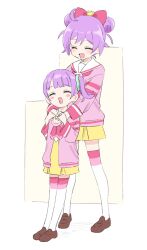  2girls ahoge blush_stickers bow brown_shoes cardigan child closed_eyes double_bun dress full_body green_scrunchie hair_bow hair_bun hair_ornament hair_scrunchie highres hug hug_from_behind loafers long_sleeves manaka_laala manaka_laala_(normal) manaka_non manaka_non_(normal) multiple_girls neckerchief open_cardigan open_clothes open_mouth paprika_private_academy_school_uniform pink_bow pink_cardigan pink_neckerchief pink_thighhighs pleated_dress pretty_series pripara purple_hair sailor_collar school_uniform scrunchie shoes short_hair siblings side_ponytail sincos sisters smile standing striped_clothes striped_thighhighs thigh-highs two-tone_thighhighs white_sailor_collar white_thighhighs yellow_dress 