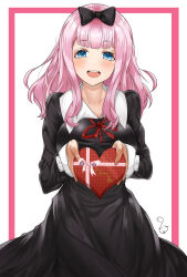  1girl absurdres black_bow black_dress blue_eyes blunt_bangs bow box box_of_chocolates breasts candy chocolate commentary_request cowboy_shot dress food fujiwara_chika hair_bow heart heart-shaped_chocolate heart-shaped_food highres holding holding_chocolate holding_food kaguya-sama_wa_kokurasetai_~tensai-tachi_no_renai_zunousen~ large_breasts long_hair long_sleeves looking_at_viewer neck_ribbon open_mouth pink_hair red_ribbon ribbon school_uniform shuuchiin_academy_school_uniform signature smile solo t3x teeth upper_teeth_only white_background winter_uniform 