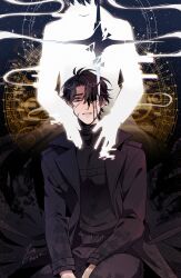  2boys bags_under_eyes black_coat black_eyes black_hair blood blood_from_eyes coat gears ginsan glitch hair_over_one_eye hand_on_another&#039;s_chest hands_on_lap highres kim_dokja looking_at_viewer male_focus multiple_boys omniscient_reader&#039;s_viewpoint open_clothes open_coat parted_lips popped_collar scar scar_on_face short_hair silhouette sitting smile star_map worried yoo_joonghyuk 