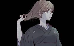  1girl black_background black_kimono brown_eyes brown_hair closed_mouth commentary funeral_kimono highres japanese_clothes kimono looking_to_the_side medium_hair misaka_mikoto official_alternate_costume pinkgekota0502 solo symbol-only_commentary toaru_majutsu_no_index toaru_majutsu_no_index:_genesis_testament twitter_username untying_hair upper_body wide_sleeves 