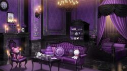  amane_(stpr_boys) armchair azuma_hatori bed bedroom bell_jar black_flower black_rose blanket bookshelf box bug butterfly cake_stand candelabra candle candlestand canopy_bed chair chandelier couch cup curtains cushion fireplace flower food framed_insect head_mirror highres holding holding_flower indoors lamp macaron marble_(stone) marble_floor nightstand no_humans official_art painting_(object) picture_frame pillow plate purple_butterfly purple_flower purple_theme rose rug saucer scenery shelf skull spider_lily statuette stpr_boys_project stuffed_animal stuffed_ghost stuffed_toy sugar_bowl table tea teacup teapot teddy_bear wallpaper_(object) 