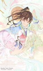  4boys artist_name bird blue_hanfu blue_ribbon brown_eyes brown_hair building card_(medium) cherry_blossoms chinese_clothes chu_wanning closed_mouth clouds commentary day english_commentary erha_he_ta_de_bai_mao_shizun eyeliner fake_gouchen gold green_sky hair_between_eyes hanfu high_collar high_ponytail highres long_hair makeup male_focus mo_ran mountain multiple_boys pastel_colors ponytail red_eyeliner ribbon river shi_mei sky smile sun suto_(sakumaaritsu) symbolism tarot tarot_(medium) the_world_(tarot) water waterfall xiao_guan_(headdress) xue_meng yellow_sky 