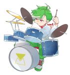  1boy commentary_request cymbals daimonji_ryugon drum drum_set drumsticks english_commentary green_hair green_pants holding holding_drumsticks instrument long_sleeves mixed-language_commentary pants red_scarf ryo_(ryo_skrdi) scarf shirt short_hair sitting solo transparent_background virtual_youtuber voms white-shirt white_shirt 