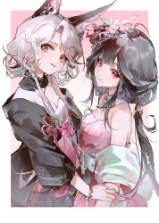  2girls absurdres animal_ears asymmetrical_bangs bare_shoulders bell bell_earrings black_hair black_jacket border bracelet center-flap_bangs collarbone dress earrings fascinator flower futao_ping_(wuhua_mixin) gradient_background green_shawl hair_flower hair_ornament half_updo head_tilt highres jacket jewelry limao_pan_(wuhua_mixin) long_hair looking_at_viewer looking_to_the_side low_ponytail mole mole_under_eye multiple_girls open_clothes open_jacket outside_border pink_background pink_dress pink_eyes pink_flower ponytail red_eyes shawl short_hair_with_long_locks sia_di_gou single_bare_shoulder single_off_shoulder smile upper_body white_border white_dress white_hair wuhua_mixin 