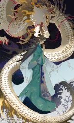  1boy black_background black_hair black_sclera card_(medium) chinese_clothes cloak colored_sclera commentary dragon dragon_print eastern_dragon english_commentary erha_he_ta_de_bai_mao_shizun fake_gouchen fangs green_hanfu green_robe hands_up hanfu highres long_hair male_focus minor_arcana_(tarot) plant print_robe profile robe suto_(sakumaaritsu) tarot tarot_(medium) very_long_hair vine_print vines white_scales xue_meng yellow_eyes 