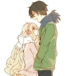  1boy 1girl alternate_costume bad_id bad_pixiv_id black_hair blonde_hair blue_scarf bow closed_mouth couple fringe_trim from_side green_jacket hair_between_eyes hair_bow hair_ornament hairband hairclip hand_in_pocket height_difference jacket kagerou_project kozakura_marry leaning_on_person long_sleeves looking_at_another looking_down looking_to_the_side looking_up mekakucity_actors open_mouth pink_bow pink_eyes pink_hairband pink_jacket scarf seto_kousuke short_hair simple_background sketch smile ujikawa_(nabari) upper_body wavy_hair white_background winter_clothes yellow_eyes 