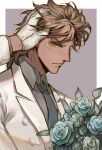  1boy battle_tendency blonde_hair blue_flower blue_rose facial_mark flower formal gloves green_eyes hand_in_own_hair highres jojo_no_kimyou_na_bouken male_focus necktie rose solo suit suzuri513 white_gloves white_suit 