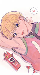  1boy absurdres animal_ears bat_ears bishounen cellphone heart highres hunter_x_hunter phone shalnark sleeveless sleeveless_jacket space_invaders spoken_heart tongue tongue_out upper_body yellow_eyes zumu_(quw87) 