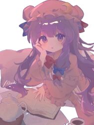  1girl absurdres blue_bow book bow crescent_moon cup frilled_hat frills hat highres long_hair misakiii mob_cap moon nightcap open_book patchouli_knowledge purple_hair reading red_bow sitting solo table teacup teapot touhou 