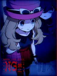  2girls bag black_hair bracelet chromatic_aberration collared_shirt commentary_request dress eyewear_on_headwear hana_e_(ka_e0128) hat hex_maniac_(pokemon) highres jewelry long_hair multiple_girls pleated_skirt pokemon pokemon_xy purple_hat red_skirt scared serena_(pokemon) shirt shoes signature skirt standing sunglasses sweat thigh-highs twitter_username watermark 